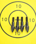 Close-up of four steel points on a target, 24 Pack Archery Field Points 60 65 75 Grain Screw In For Real Practice Target Shooting Durable Steel Built