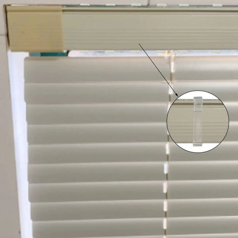Twelve Pack Transparent Valance Clips For Window Blinds, clear clips mounted on horizontal blinds for easy installation.