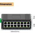 Front view of Rugged Industrial 16-Port Gigabit Ethernet Switch with dimensions, IP40 metal housing, and DIN rail mount feature.