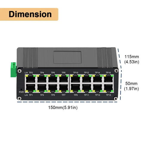 Front view of Rugged Industrial 16-Port Gigabit Ethernet Switch with dimensions, IP40 metal housing, and DIN rail mount feature.