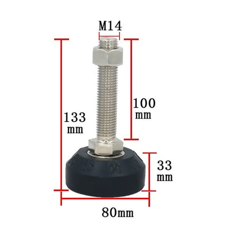 Eight Piece Heavy Duty Adjustable Furniture Leveling Feet With Three Inch Diameter Bases, M14 thread, 80mm pad, 133mm height.