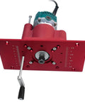 Rock Solid Router Table Insert Plate With Quick Adjust Router Lift Flip Plate Set For Woodworkers, red aluminum plate with lift mechanism.