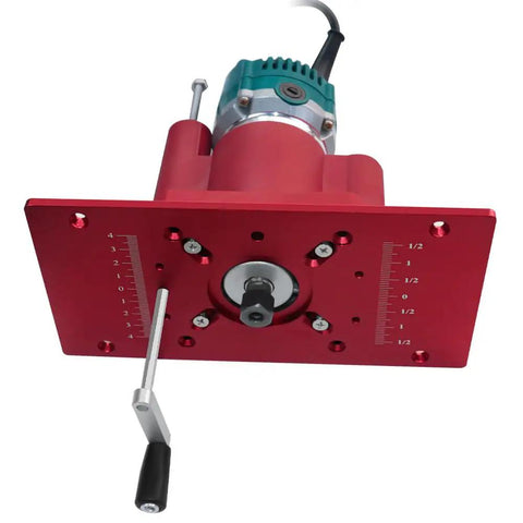 Rock Solid Router Table Insert Plate With Quick Adjust Router Lift Flip Plate Set For Woodworkers, red aluminum plate with lift mechanism.