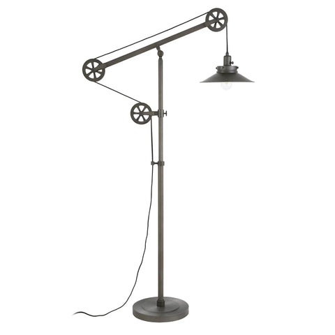 Go-To Pulley System Floor Lamp With Wide Brim Fabric Shade In Aged Steel Finish, adjustable height bell shade visible