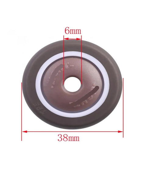 4 Pack 1.5 Inch TPE Rubber Casters Quiet Squeak Free Wheels With Bearings For Smooth Gliding Mobility Ideal For Furniture Carts And Household Use Easy To Install No Tools Required shown in close-up view with dimensions of 38mm diameter and 6mm width, showcasing TPE rubber material and bearing design for quiet, smooth movement.
