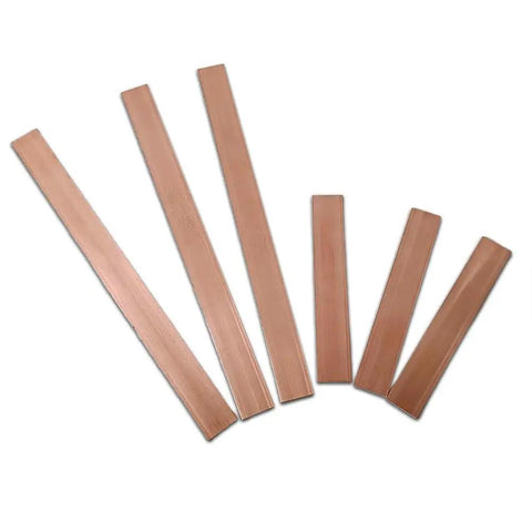 Two Twelve Inch Copper Flat Bars One Eighth Inch Thick One Inch Wide 99.98 Percent Pure C110 Copper For Electrical Connectors DIY Projects Electroplating And Crafting High Conductivity Bar Set displayed in various angles.