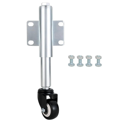 2 Inch Spring Loaded Gate Wheels Heavy Duty Swivel Caster With Retractable Casters For Yard Fence Garden Wooden Gate 110 Lb Capacity Four Hole Mount Easy Install With Four Mounting Holes And M8 Bolts, showing wheel and mounting bracket with bolts