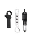 Pop Rivet Gun Adapter Kit for cordless drill with four head sizes and aluminum alloy construction, shown disassembled.
