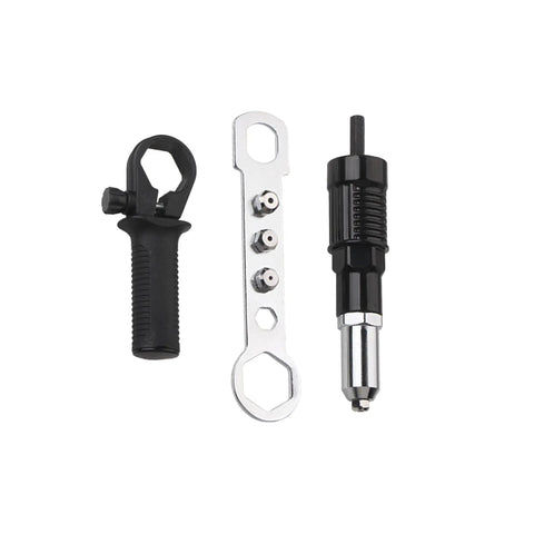 Pop Rivet Gun Adapter Kit for cordless drill with four head sizes and aluminum alloy construction, shown disassembled.