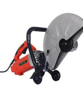 Badass 14 Inch Electric Concrete Saw With 3000W Motor And Wet Cut Water Feed Setup showing the cutting blade and handle.