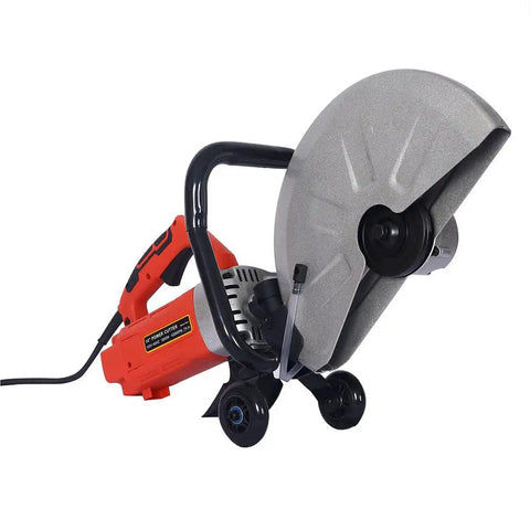 Badass 14 Inch Electric Concrete Saw With 3000W Motor And Wet Cut Water Feed Setup showing the cutting blade and handle.