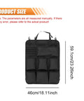 Backseat Organizer With 8 Pockets Waterproof Oxford Car Seat Back Protector Hanging Behind Seat Storage Bag for RV SUV Truck Universal Fit Durable Easy Clean Black with size dimensions.