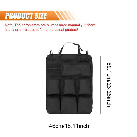 Backseat Organizer With 8 Pockets Waterproof Oxford Car Seat Back Protector Hanging Behind Seat Storage Bag for RV SUV Truck Universal Fit Durable Easy Clean Black with size dimensions.
