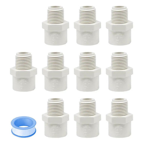 10 Pack One Half Inch PVC Male Thread Pipe Fittings White Two Way Coupling Adapters For Schedule 40 PVC Plumbing Durable Lightweight