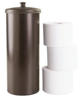 Bronze metal toilet paper container with three stacked white rolls next to it.