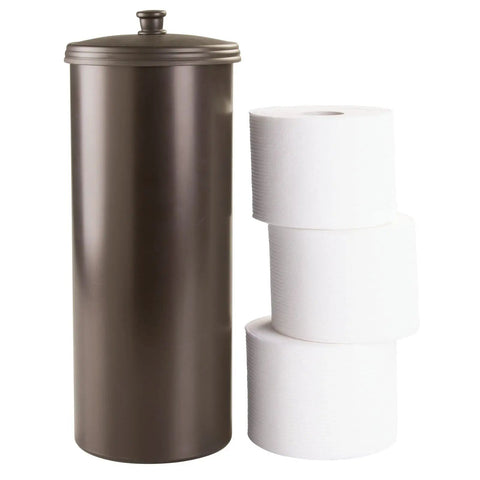 Bronze metal toilet paper container with three stacked white rolls next to it.