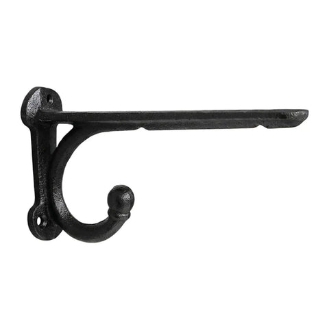 Sturdy Vintage Style Shelf Bracket with Hook Solid Wall Mount Hardware in black iron, 200x105mm, side view.