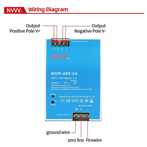 Wiring diagram for 24V DC Industrial DIN Rail Power Supply with 480W output, 20A max, universal 85-264VAC input, active PFC.