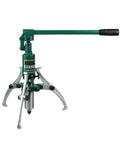 Heavy Duty Three Jaw Hydraulic Bearing Puller Set, green hydraulic tool with chrome jaws for quick shaft extraction.