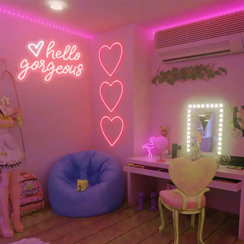 Hello Gorgeous Neon Sign LED Neon Light Heart Wall Decor For Girl Bedroom Lit Romantic Party Gift USB Powered Acrylic Light For Birthday Wedding Bar Club Decor Great Gift For Her Room Makeover Ideas