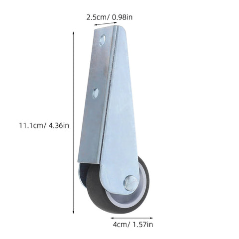 Side view of 2-Pack Sliding Door Bottom Wheels With Rubber Casters, 11.1 cm high, metal frame, black rubber wheel.