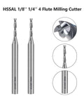 Front view of two HSS 1/8'' end mills with 1/4'' shanks, 4-flute milling cutters