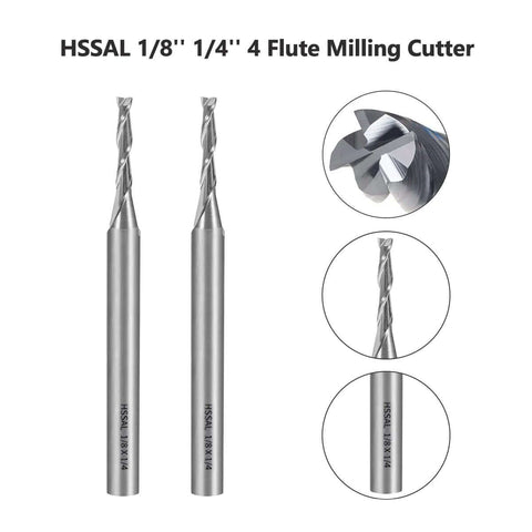 Front view of two HSS 1/8'' end mills with 1/4'' shanks, 4-flute milling cutters