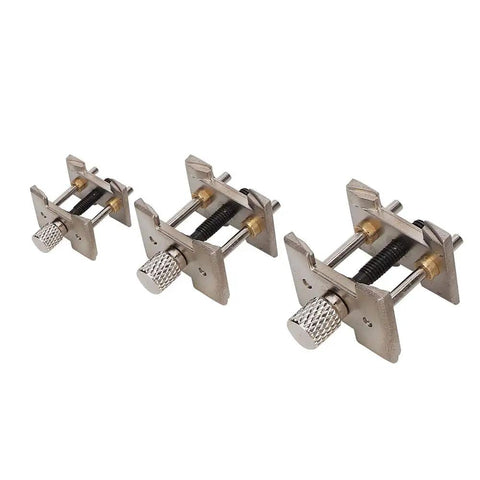 Three Piece Watch Movement Holder Set Pro Grade Heavy Duty Metal Base for watch repair and assembly, three different sizes.