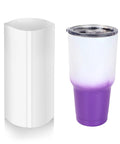 50 Pack 7X11 Inch Sublimation Shrink Films For 30 Oz Tumblers shown with purple tumbler and white sleeve ready for heat transfer.