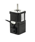 Front view of 42HS48-YC-PD brake stepper motor with black body, silver faceplate, exposed shaft.