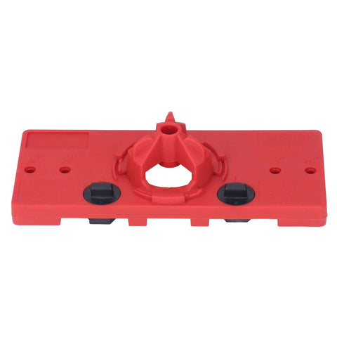 Red plastic woodworking hinge hole jig with 35mm drilling guide and two black adjustment knobs