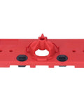Pro 35mm Hinge Hole Saw Jig Set With ABS Cabinet Locator For Door Installers, red ABS plastic base with adjustable settings.