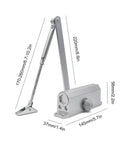 Heavy Duty Pro Grade Door Closer Kit For Home And Office With Adjustable Speed Hydraulic Closing System, silver with measurements shown