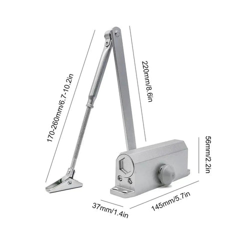 Heavy Duty Pro Grade Door Closer Kit For Home And Office With Adjustable Speed Hydraulic Closing System, silver with measurements shown