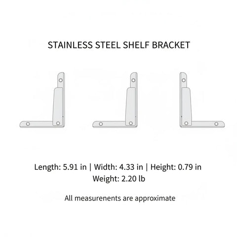 Diagram of Stainless Steel L Shaped Wall Bracket Heavy Duty Shelf Support with measurements for vertical storage