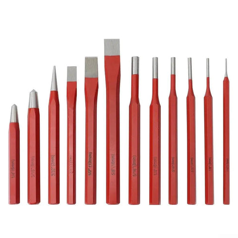Kick Your DIY Game Up A Notch With This Badass 12 Piece Punch And Chisel Set Perfect For Metal Wood Stone And Brick Shaping Works In Any Garage Shop Or Home Workshop For Serious Mechanics And Crafters. 12-piece red steel punch and chisel set, assorted sizes