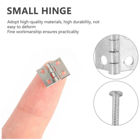 Durable Mini Hinges For Wooden Boxes And Jewelry Boxes With Nails In Silver Copper Finish 75 Pack Tiny Hinges For DIY Craft Projects Box Making And Cabinet Hardware Great For Small Furniture Repairs Zerodeko, showing a mini hinge on fingertip with nail detail.