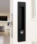 Hidden Pocket Door Lock Hardware With Keys, Recessed Matte Black Door Handle For Sliding Pocket Doors installed on white door