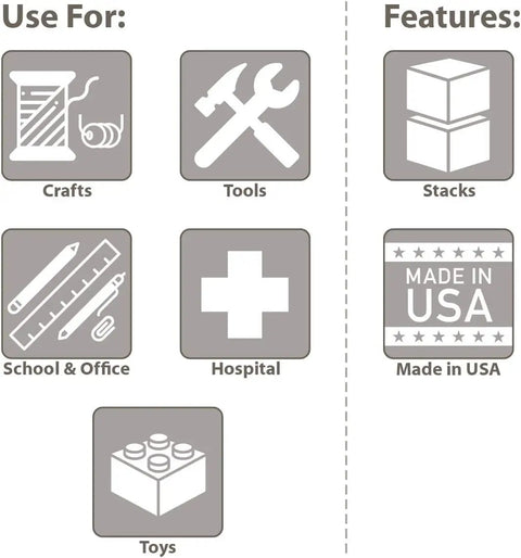 Infographic showing uses of Heavy Duty 14-Inch Plastic Toolbox With Removable Tray for crafts, tools, school, hospital, toys, and Made in USA feature.
