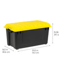 Top Shelf 21 Gallon Storage Totes 4 Pack Heavy Duty Lockable Bins With Airtight Weatherproof Gasket Seal Keeps Your Loot Safe And Sound Black Yellow Made In Usa side view with yellow lid and dimensions