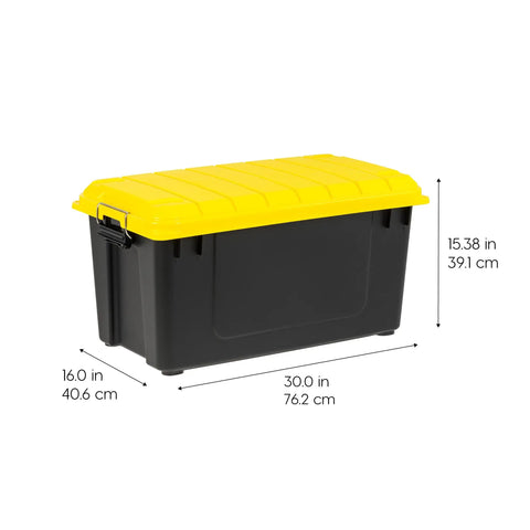Top Shelf 21 Gallon Storage Totes 4 Pack Heavy Duty Lockable Bins With Airtight Weatherproof Gasket Seal Keeps Your Loot Safe And Sound Black Yellow Made In Usa side view with yellow lid and dimensions