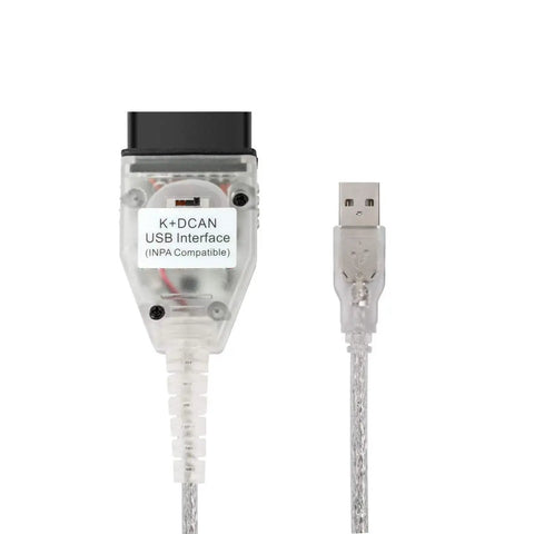 K Can USB Diagnostic Cable With Switch For BMW E Chassis 1998 To 2019 showing USB and OBD2 connectors, clear casing