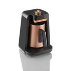 Okka Rich Spin Pro Turkish Coffee And Hot Beverage Maker With Milk Frother Velvetiser 120V US Plug Five Cup Capacity Stainless Steel Pot Copper Finish Pro in black and copper