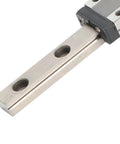 Close-up of Mini Linear Rail Guide for CNC Machines and 3D Printer Upgrades, 200mm Bearing Steel Sliding Guideway with mounting holes.