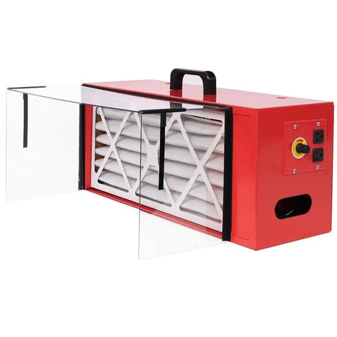 725 CFM Built Tough Tabletop Dust Collector And Benchtop Air Cleaner With HEPA Carbon Filter showing filter access panel and power outlets.