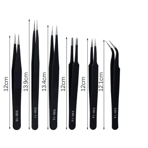 6 Piece ESD Anti Static Tweezers Set In Black Stainless Steel For Electronics Repair Jewelry Making Laboratory Work And Hobbies