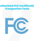 Authorized FCC Certification with 9 inspection tests displayed on a white background featuring a large FCC logo.