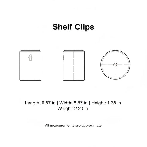 Diagrams of Tough as Nails Black PP Shelf Clips for Wire Shelving, Stabilizer Spacers for 1 to 1.7 inch grids, dimensions included.