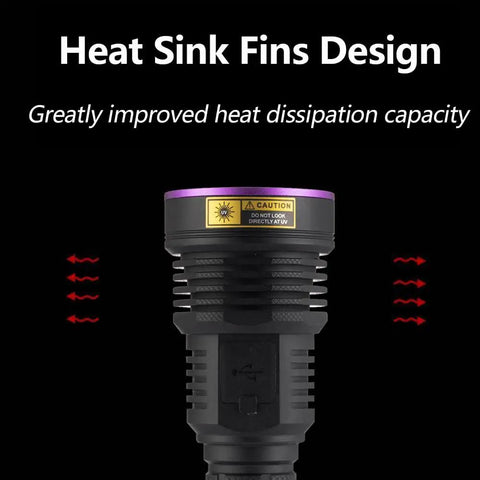 Ultra Bright 365nm UV Flashlight 36W USB C Rechargeable Black Light heat sink fins design for improved heat dissipation