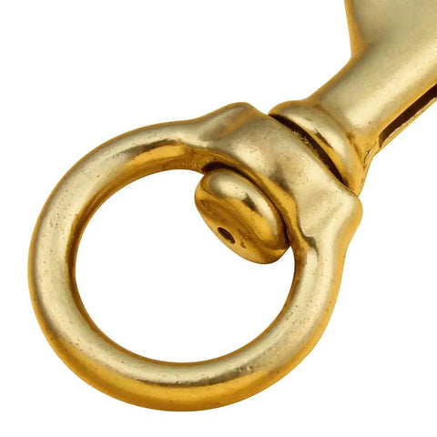 Close-up of Heavy Duty Solid Brass Swivel Bolt Snap Hooks With Seven Eighths Inch Eye And Three And A Quarter Inch Length Built To Last